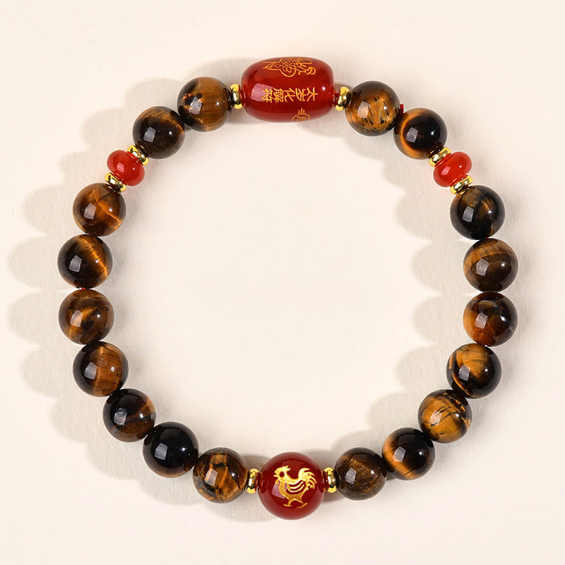 Natural Tiger Eye and Red Agate Chinese Zodiac Beaded Bracelet