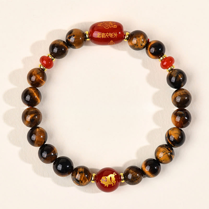 Natural Tiger Eye and Red Agate Chinese Zodiac Beaded Bracelet