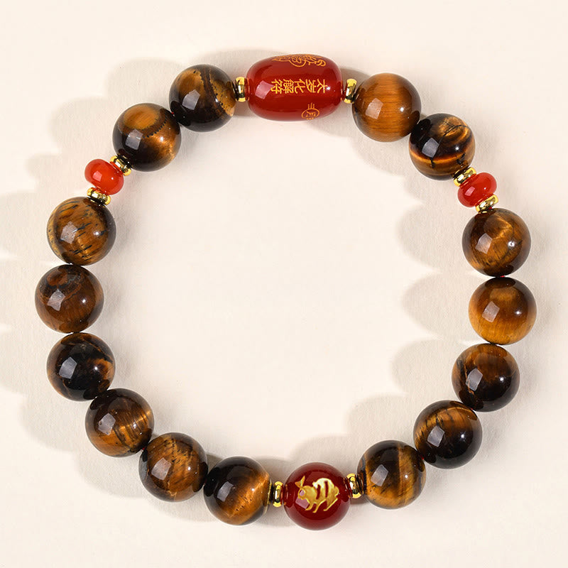 Natural Tiger Eye and Red Agate Chinese Zodiac Beaded Bracelet