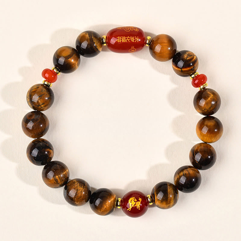 Natural Tiger Eye and Red Agate Chinese Zodiac Beaded Bracelet