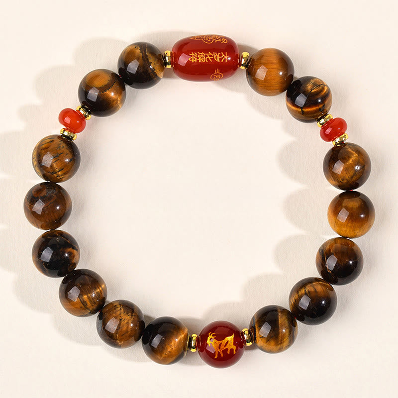 Natural Tiger Eye and Red Agate Chinese Zodiac Beaded Bracelet