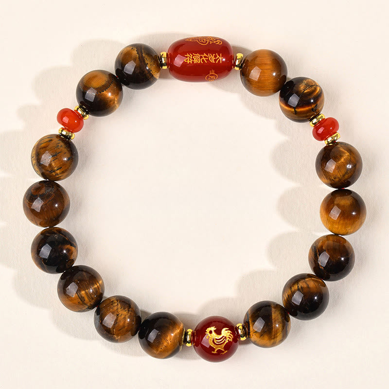 Natural Tiger Eye and Red Agate Chinese Zodiac Beaded Bracelet