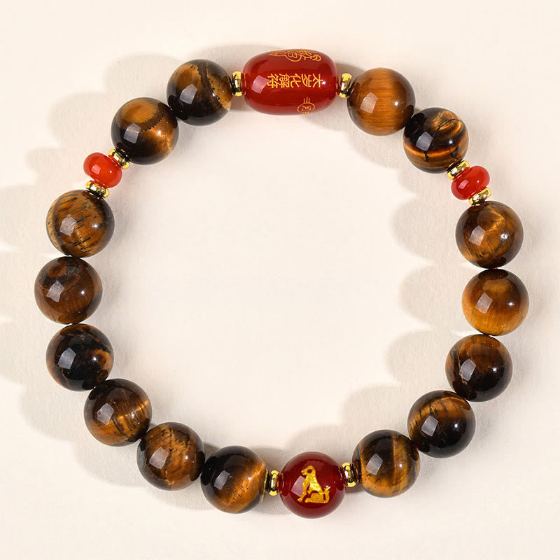 Natural Tiger Eye and Red Agate Chinese Zodiac Beaded Bracelet