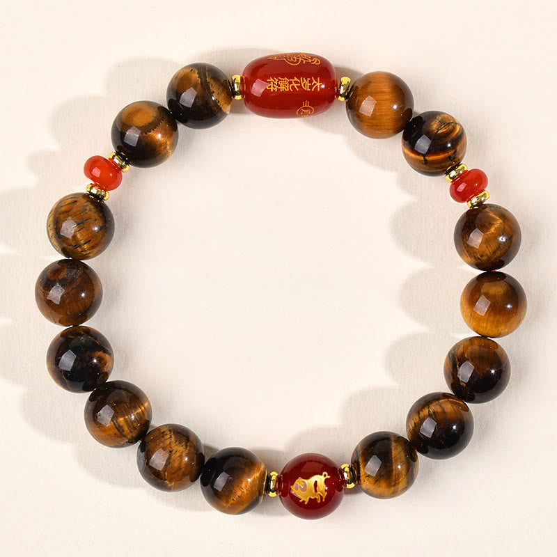 Natural Tiger Eye and Red Agate Chinese Zodiac Beaded Bracelet