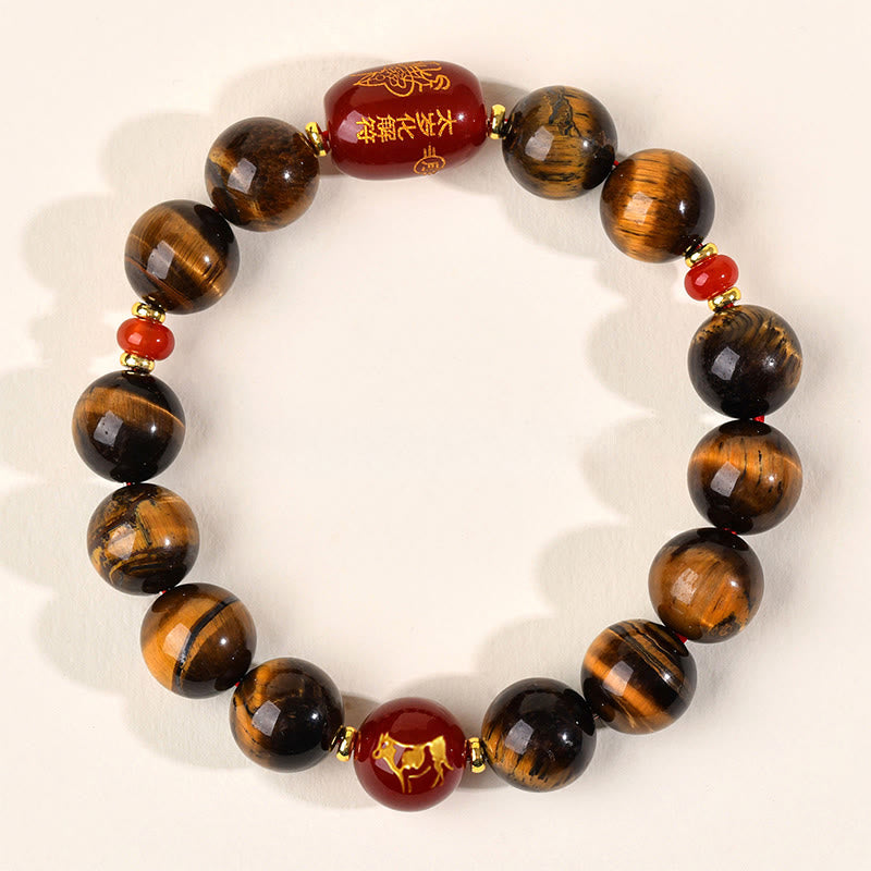 Natural Tiger Eye and Red Agate Chinese Zodiac Beaded Bracelet