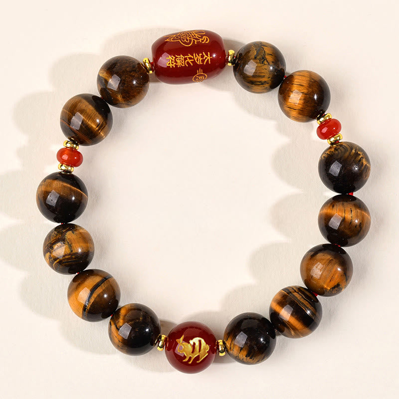 Natural Tiger Eye and Red Agate Chinese Zodiac Beaded Bracelet