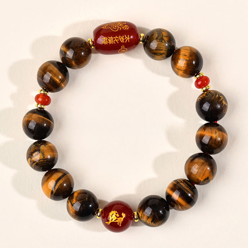 Natural Tiger Eye and Red Agate Chinese Zodiac Beaded Bracelet
