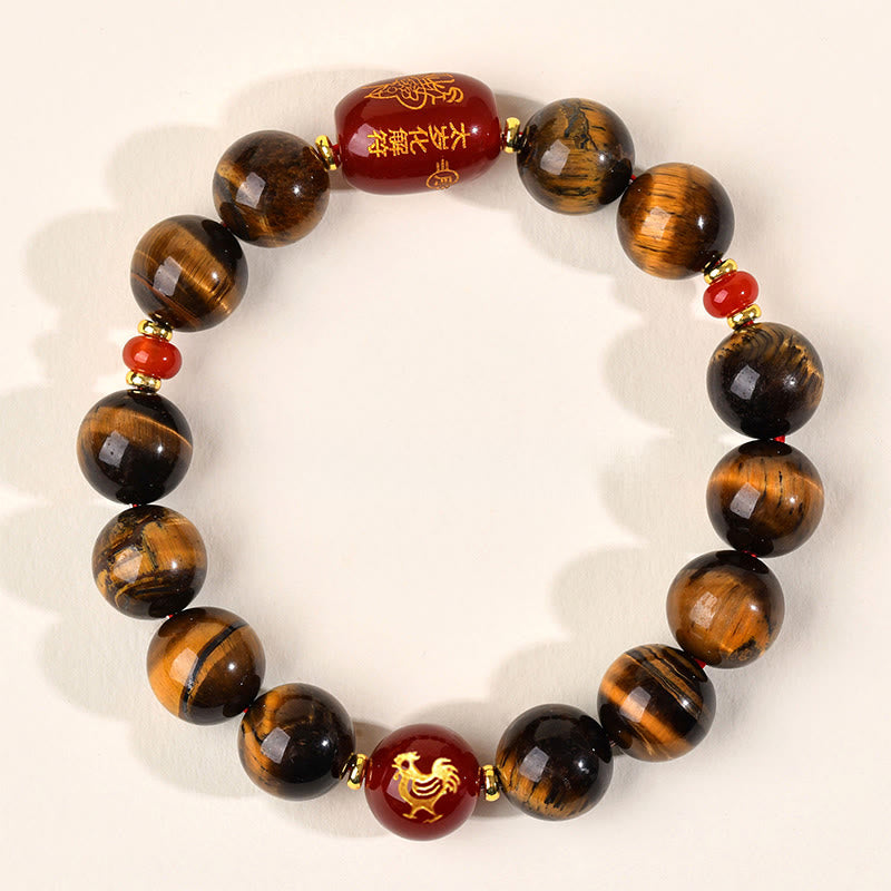 Natural Tiger Eye and Red Agate Chinese Zodiac Beaded Bracelet