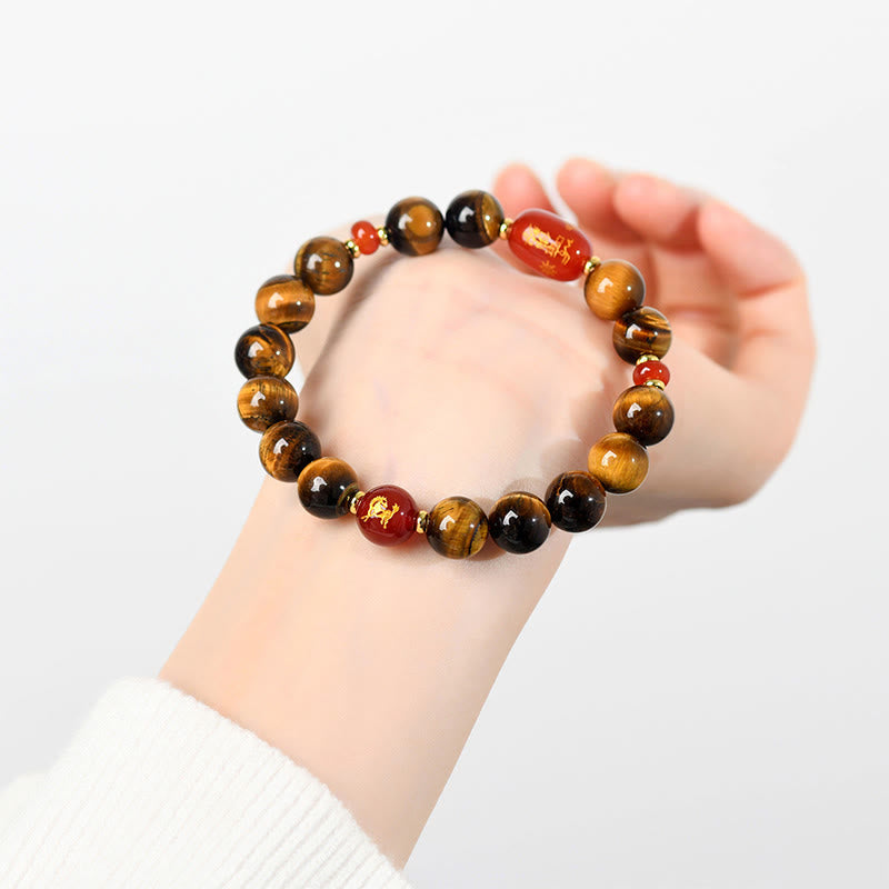 Natural Tiger Eye and Red Agate Chinese Zodiac Beaded Bracelet