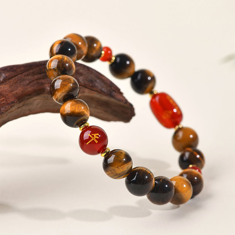 Natural Tiger Eye and Red Agate Chinese Zodiac Beaded Bracelet