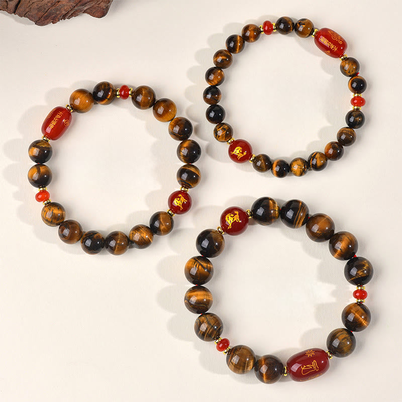 Natural Tiger Eye and Red Agate Chinese Zodiac Beaded Bracelet