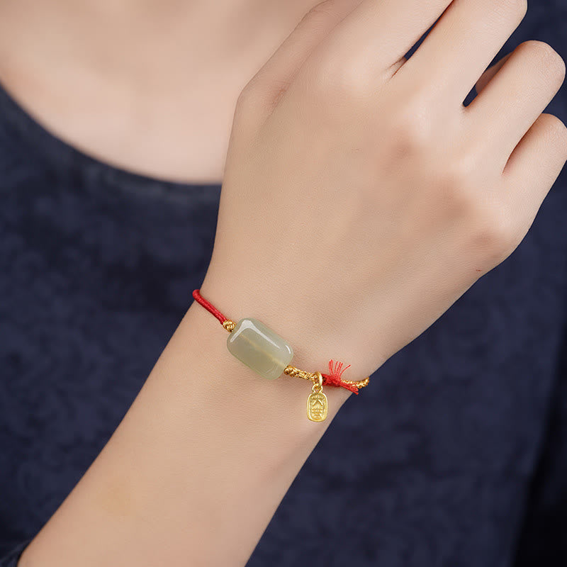Sterling Silver Hetian Jade Lotus & Ping An Kou Braided Red String Bracelet