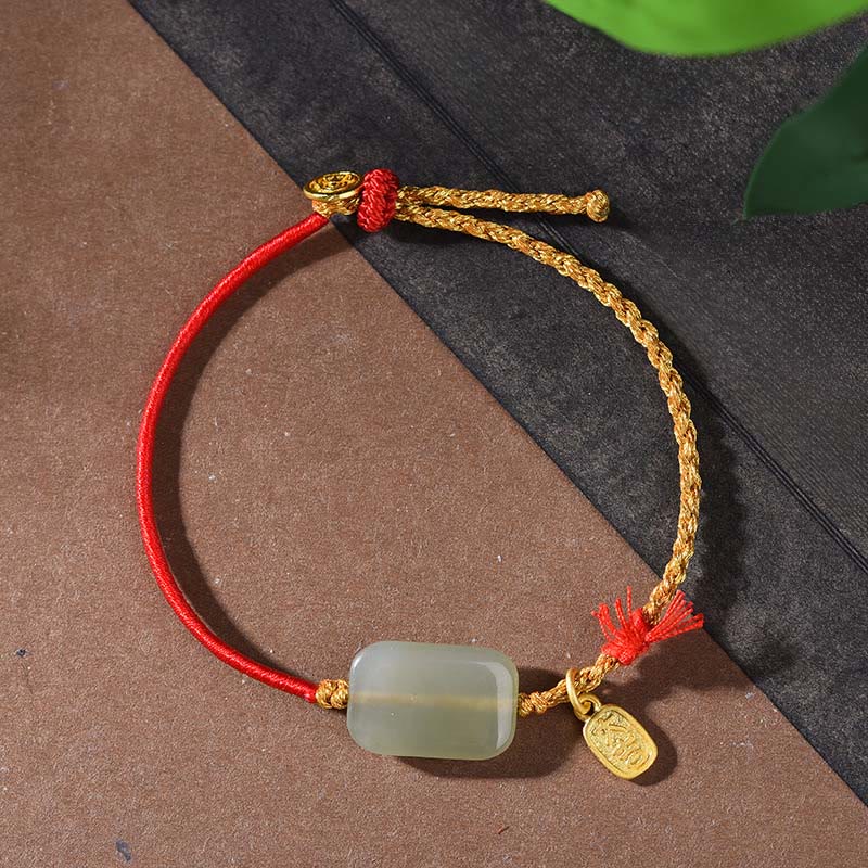 Sterling Silver Hetian Jade Lotus & Ping An Kou Braided Red String Bracelet