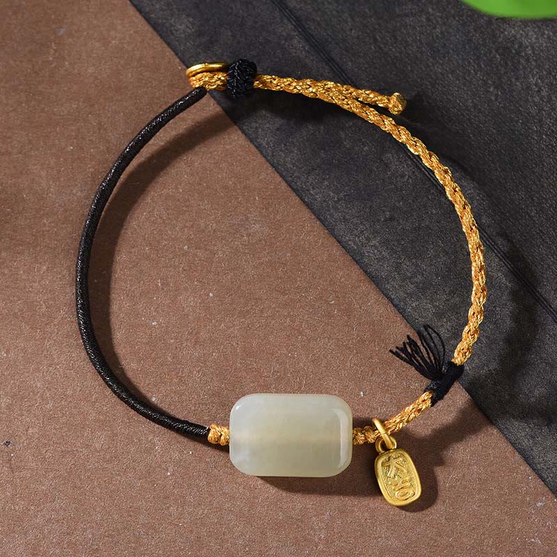 Sterling Silver Hetian Jade Lotus & Ping An Kou Braided Red String Bracelet