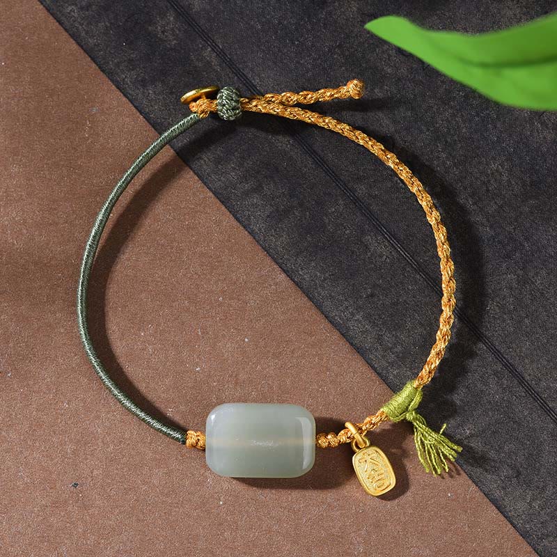 Sterling Silver Hetian Jade Lotus & Ping An Kou Braided Red String Bracelet