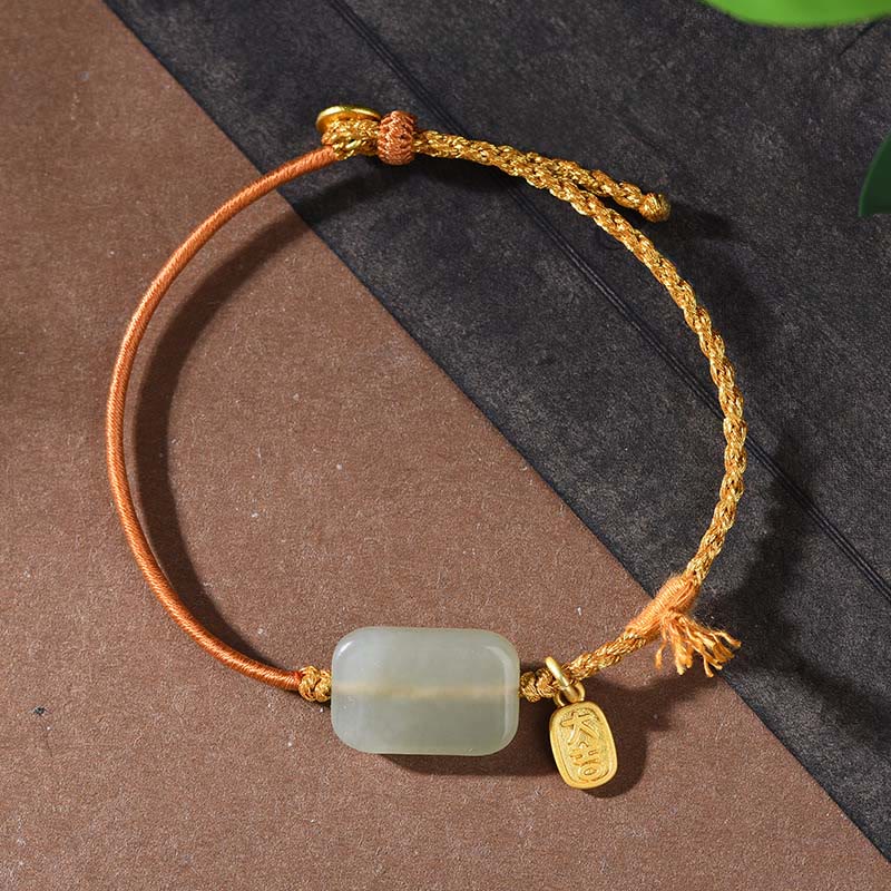 Sterling Silver Hetian Jade Lotus & Ping An Kou Braided Red String Bracelet