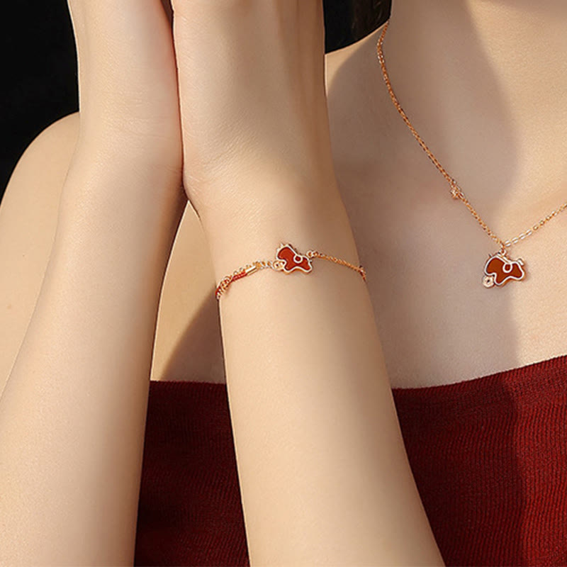 925 Sterling Silver Year Of The Horse Coin Charm Red Agate Blessing Necklace Pendant