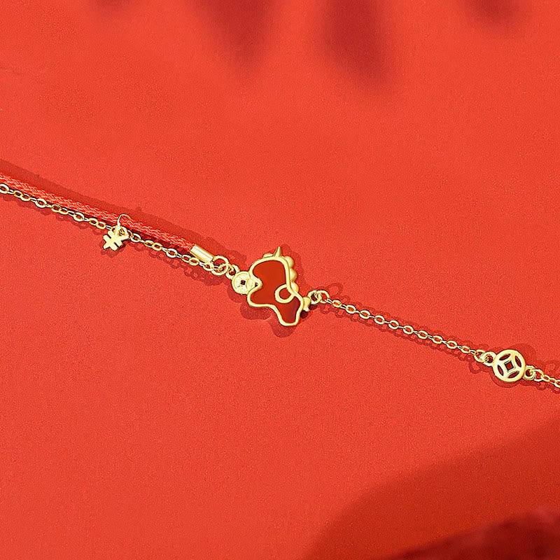 925 Sterling Silver Year Of The Horse Coin Charm Red Agate Blessing Necklace Pendant