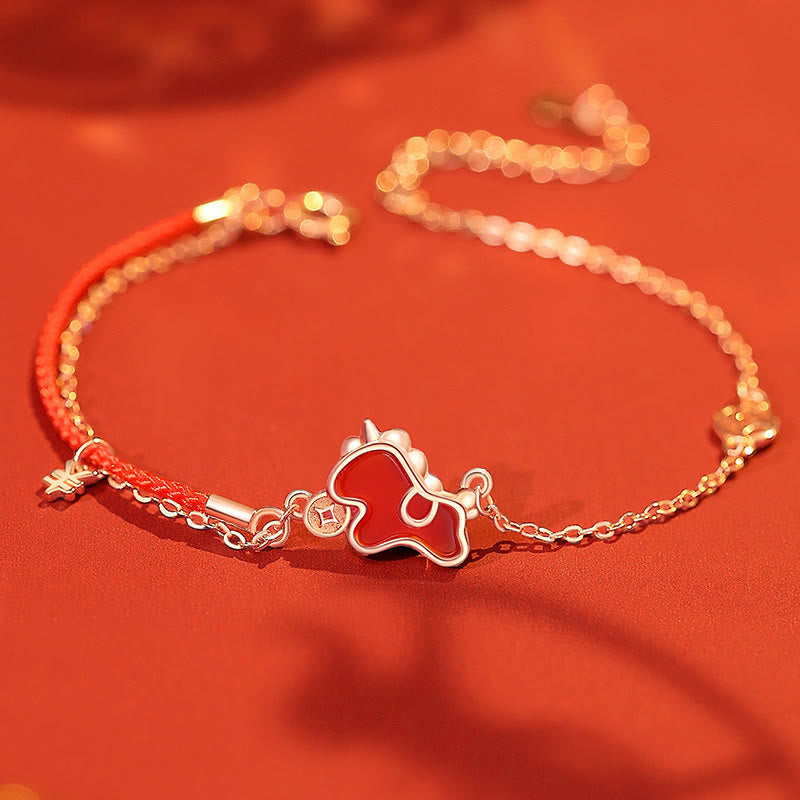 925 Sterling Silver Year Of The Horse Red String Red Agate Coin Charm Luck Bracelet
