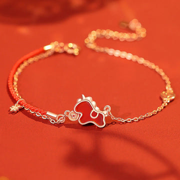 925 Sterling Silver Year Of The Horse Red String Red Agate Coin Charm Luck Bracelet