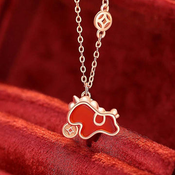 925 Sterling Silver Year Of The Horse Coin Charm Red Agate Blessing Necklace Pendant