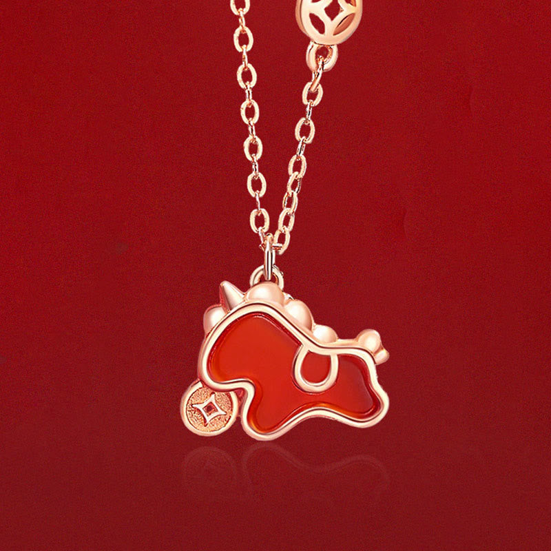 925 Sterling Silver Year Of The Horse Coin Charm Red Agate Blessing Necklace Pendant