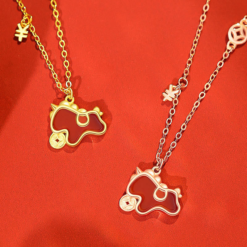 925 Sterling Silver Year Of The Horse Coin Charm Red Agate Blessing Necklace Pendant