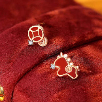 925 Sterling Silver Coin Red Agate Year Of The Horse Asymmetric Protection Earrings