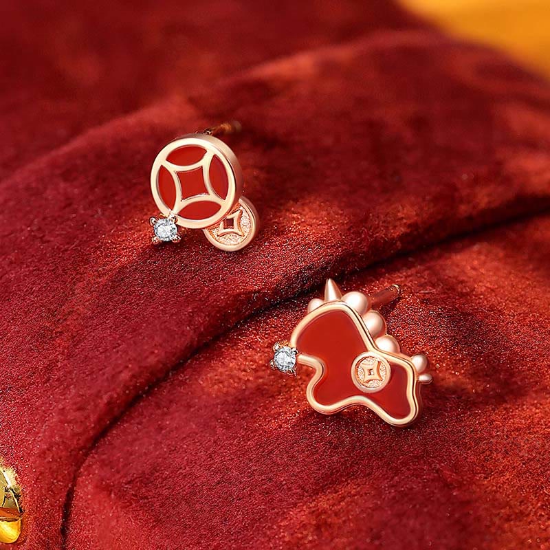 925 Sterling Silver Coin Red Agate Year Of The Horse Asymmetric Protection Earrings