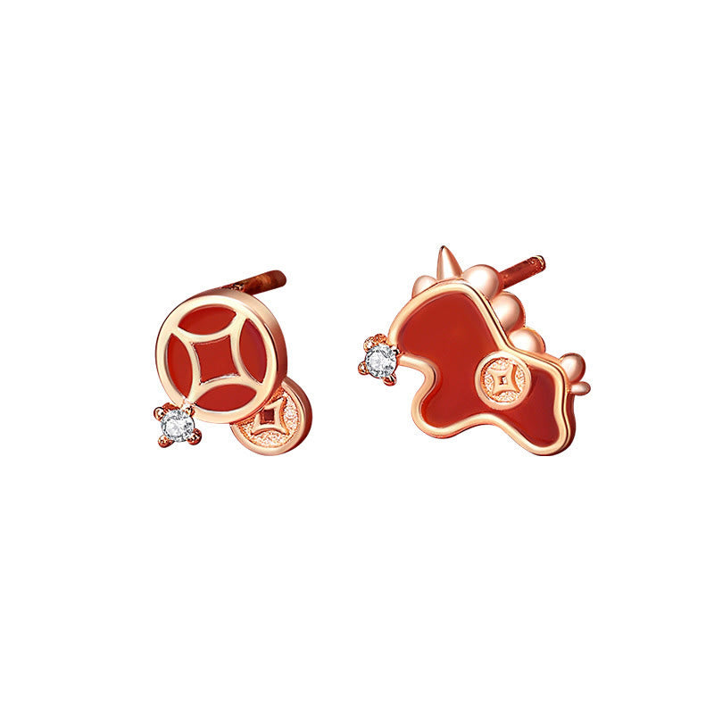 925 Sterling Silver Coin Red Agate Year Of The Horse Asymmetric Protection Earrings