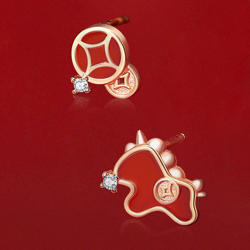 925 Sterling Silver Coin Red Agate Year Of The Horse Asymmetric Protection Earrings