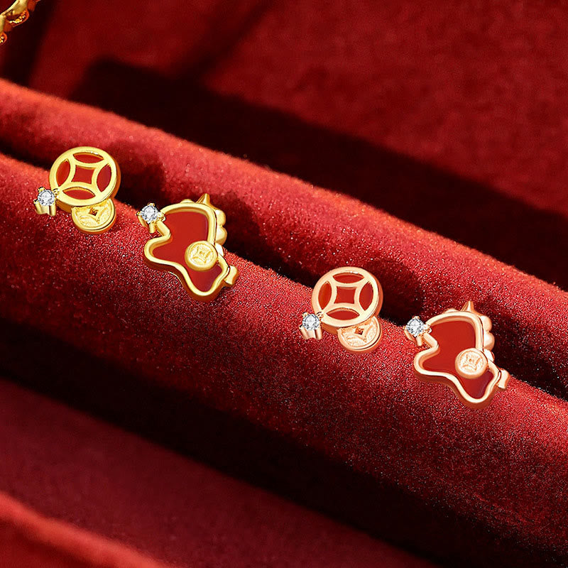 925 Sterling Silver Year Of The Horse Coin Charm Red Agate Blessing Necklace Pendant