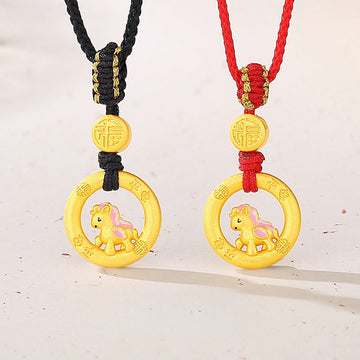 925 Sterling Silver Year Of The Horse Peace Buckle Fu Character Luck Necklace Pendant