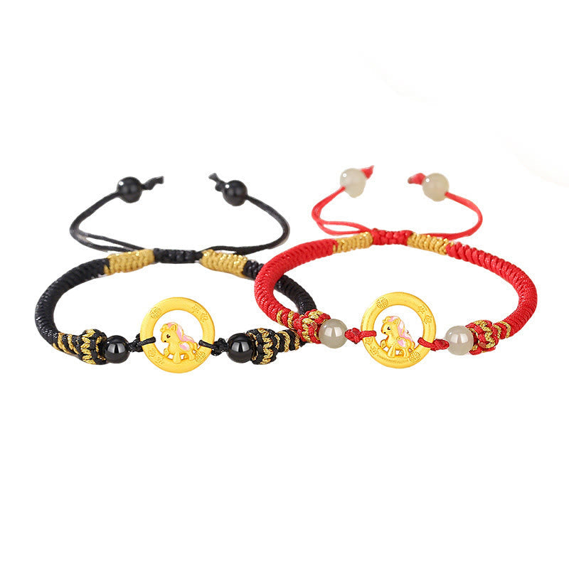 925 Sterling Silver Year of the Horse Ping An Kou Red String Bracelet with Hetian Jade & Black Onyx for Couples