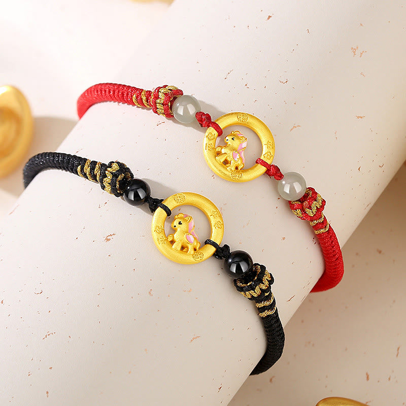 925 Sterling Silver Year of the Horse Ping An Kou Red String Bracelet with Hetian Jade & Black Onyx for Couples