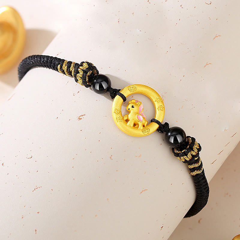 925 Sterling Silver Year of the Horse Ping An Kou Red String Bracelet with Hetian Jade & Black Onyx for Couples