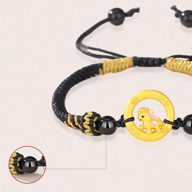 925 Sterling Silver Year of the Horse Ping An Kou Red String Bracelet with Hetian Jade & Black Onyx for Couples