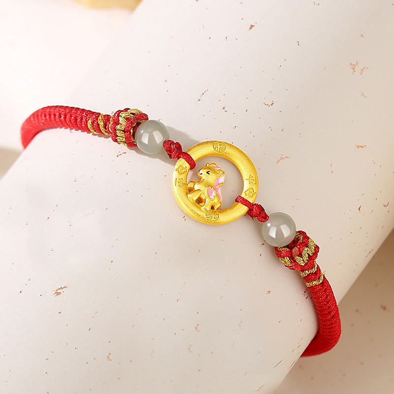 925 Sterling Silver Year of the Horse Ping An Kou Red String Bracelet with Hetian Jade & Black Onyx for Couples