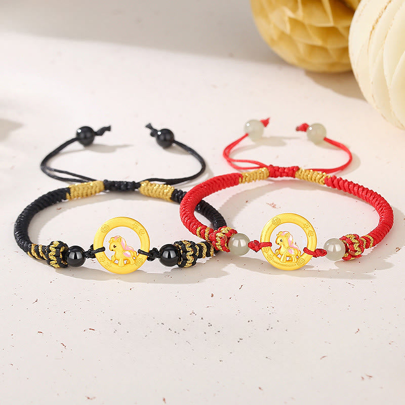 925 Sterling Silver Year of the Horse Ping An Kou Red String Bracelet with Hetian Jade & Black Onyx for Couples