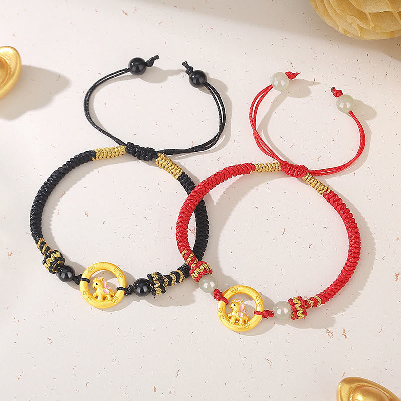 925 Sterling Silver Year of the Horse Ping An Kou Red String Bracelet with Hetian Jade & Black Onyx for Couples