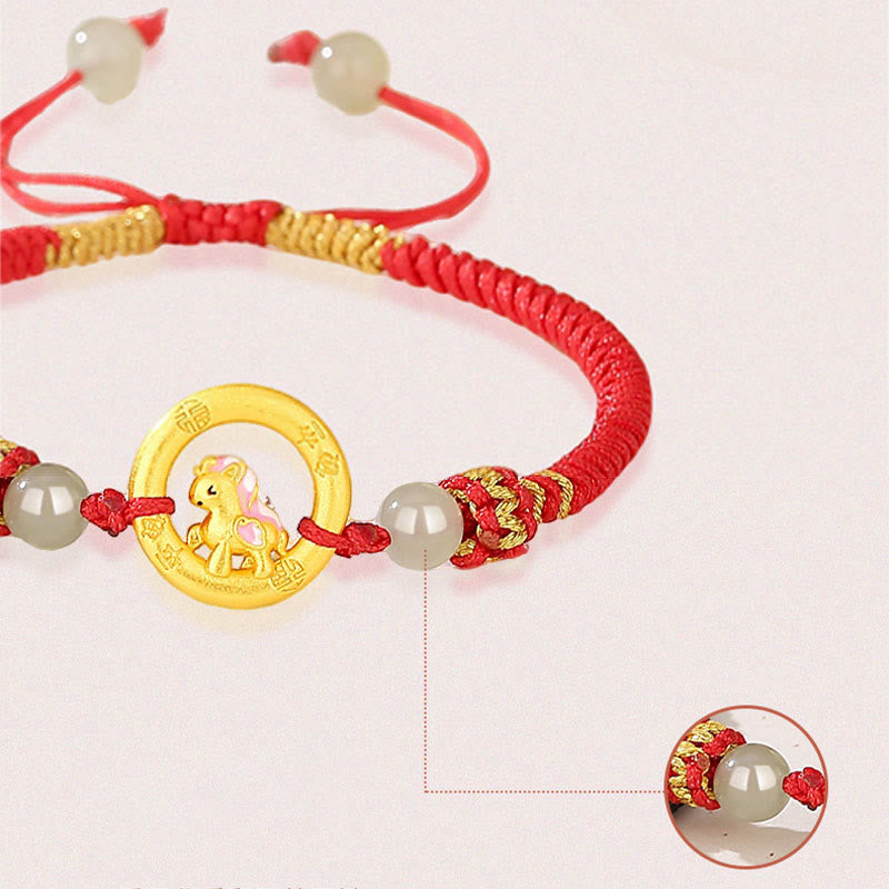 925 Sterling Silver Year of the Horse Ping An Kou Red String Bracelet with Hetian Jade & Black Onyx for Couples