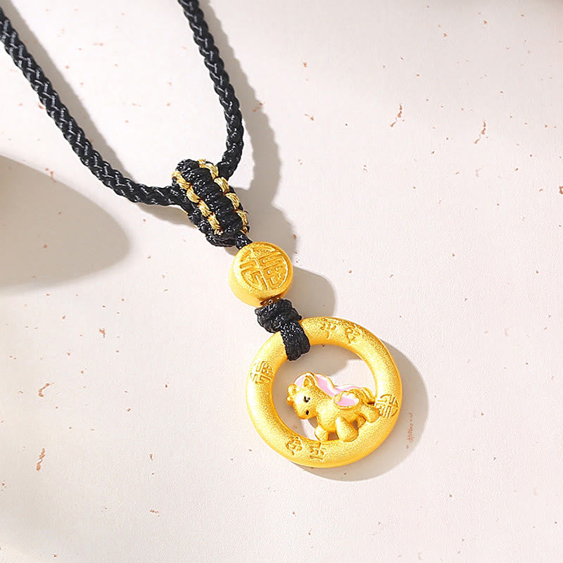 925 Sterling Silver Year Of The Horse Peace Buckle Fu Character Luck Necklace Pendant