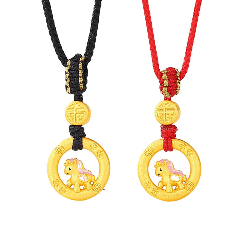 925 Sterling Silver Year Of The Horse Peace Buckle Fu Character Luck Necklace Pendant