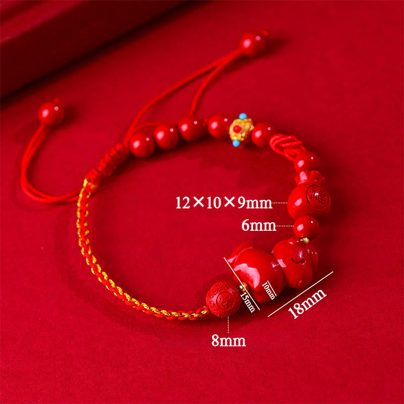 Year of the Horse Natural Cinnabar Fu Character Lucky Bag Blessing Bracelet