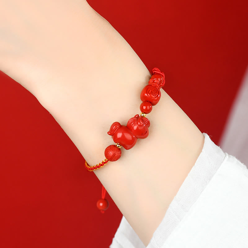 Year of the Horse Natural Cinnabar Fu Character Lucky Bag Blessing Bracelet