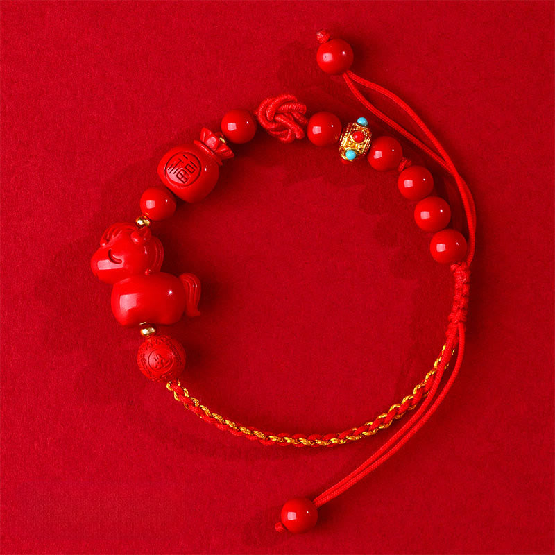 Year of the Horse Natural Cinnabar Fu Character Lucky Bag Blessing Bracelet