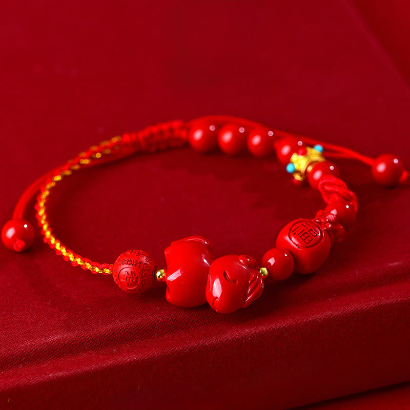 Year of the Horse Natural Cinnabar Fu Character Lucky Bag Blessing Bracelet