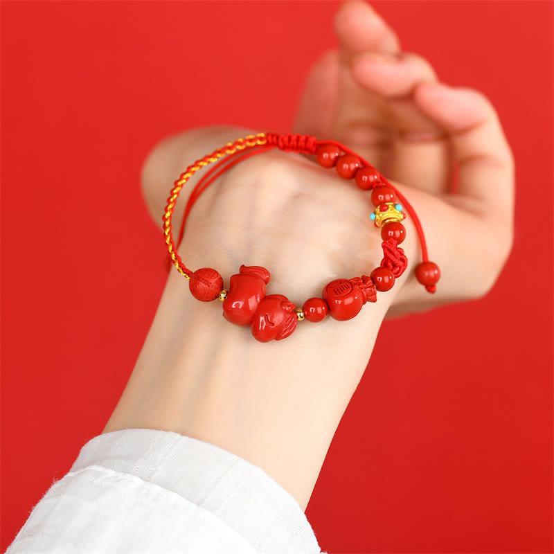 Year of the Horse Natural Cinnabar Fu Character Lucky Bag Blessing Bracelet