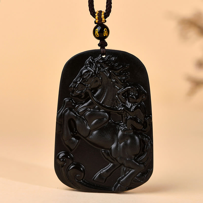 Year of the Horse Natural Black Obsidian Strength Necklace Pendant