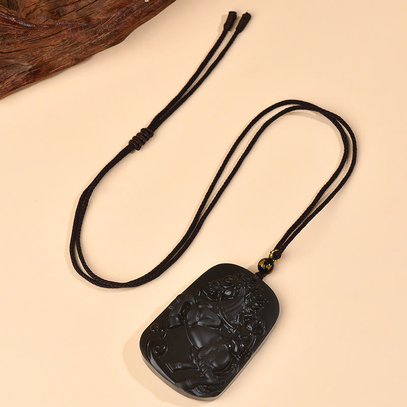 Year of the Horse Natural Black Obsidian Strength Necklace Pendant